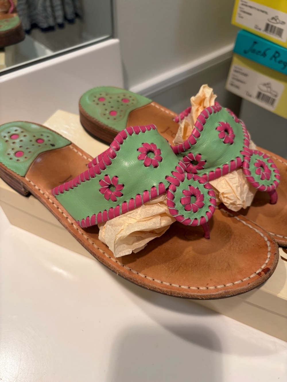 Jack Rogers Green Leather Slide Sandals with Pink Trim and Floral Cutouts